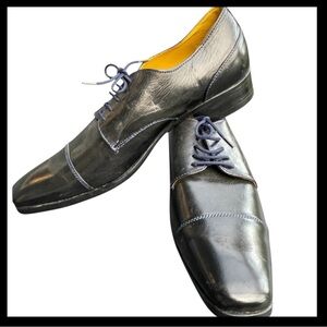 New Custom Leather Black/Blue Stitch/Lace Up Oxford Derby Dress Shoe (10/11)